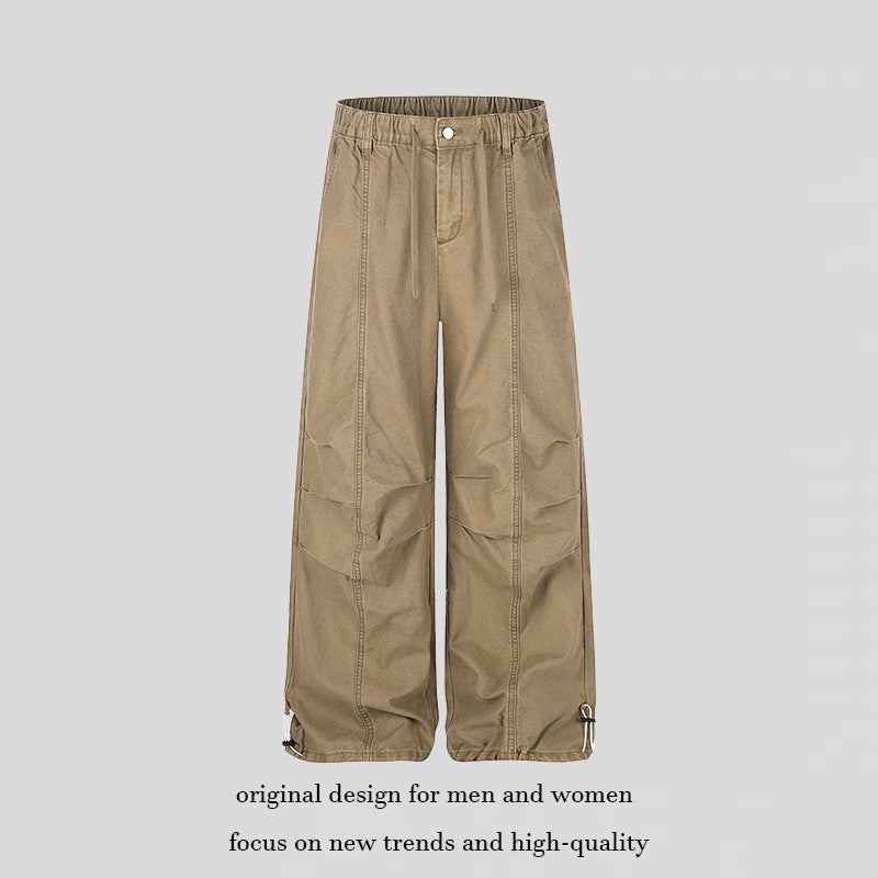Women's Wide Canvas Cargo Palazzo Pants with Elastic Comfort Waistband and Adjustable Hem