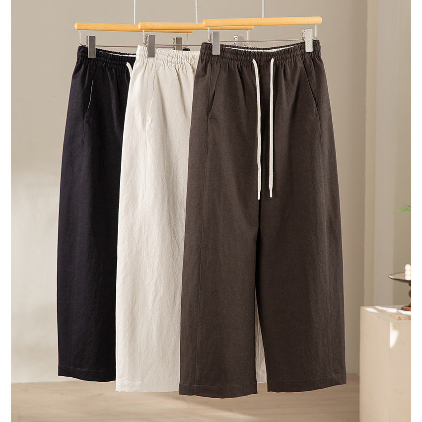 Women Wide Linen Blend Pants with Elastic Waistband and Drawstring Chichicherry