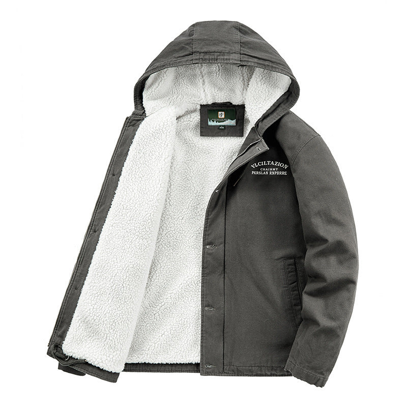 Men's Hooded Canvas Parka with Teddy Fleece Lining and Wind Protection Placket Chichicherry