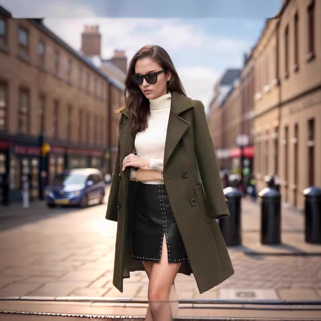 Women's Mid-Length Wool Blend Coat with Wide Lapels and Tailored Fit Chichicherry