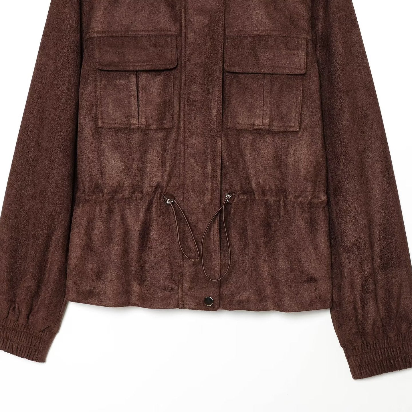 Ladies short jacket in field style made of suede leather look with stand-up collar, chest pockets, and drawstring Chichicherry