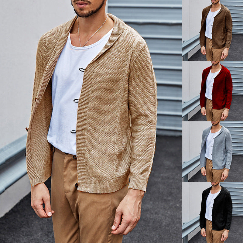 Men's fine knit cardigan with shawl collar, snap-hook closures, and textured knit Chichicherry