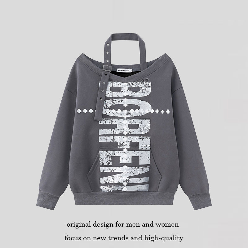Women's oversized sweatshirt with asymmetrical strap, kangaroo pocket and large lettering Chichicherry