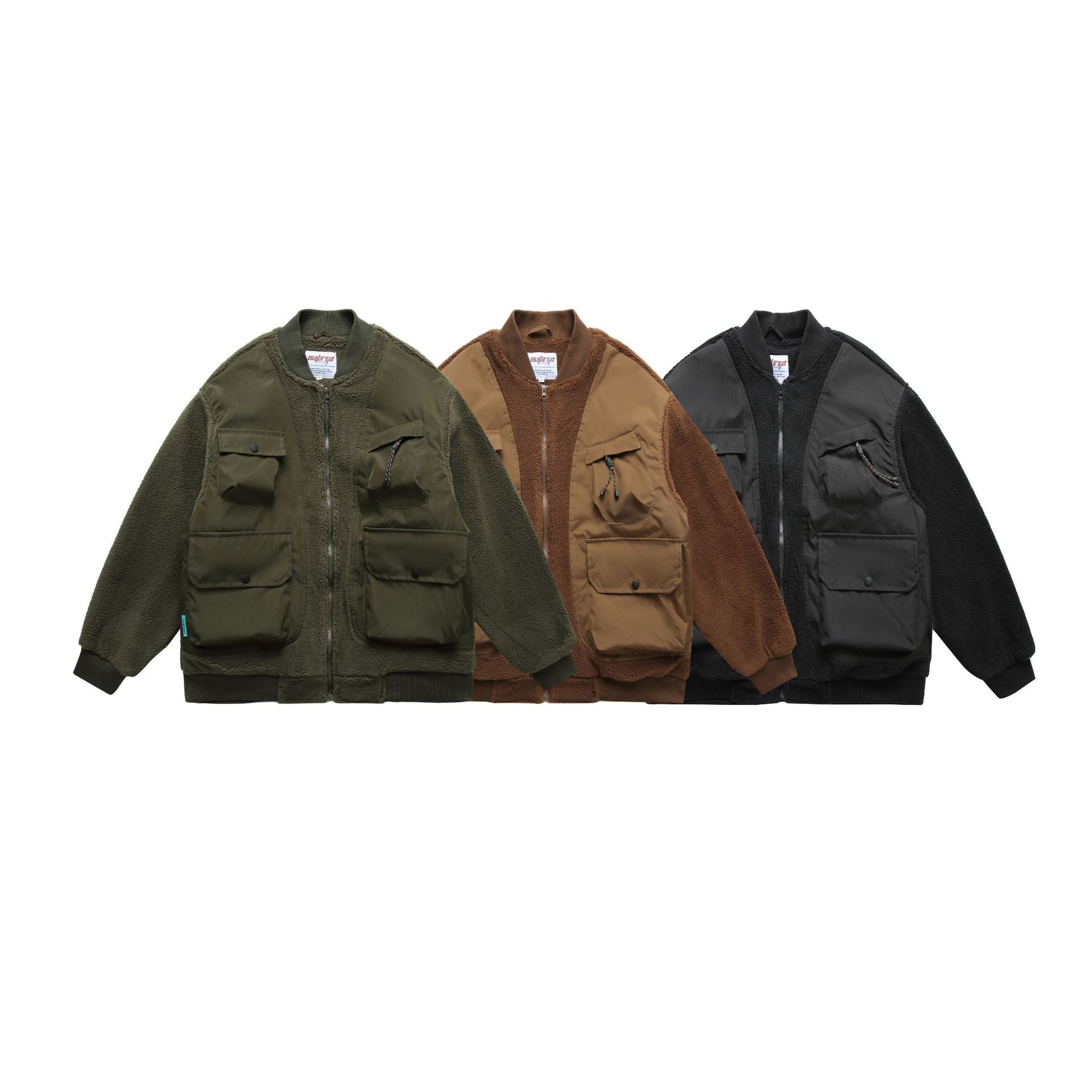 Men's Teddy Fleece Bomber Jacket with Utility Pockets and Nylon Inserts Chichicherry