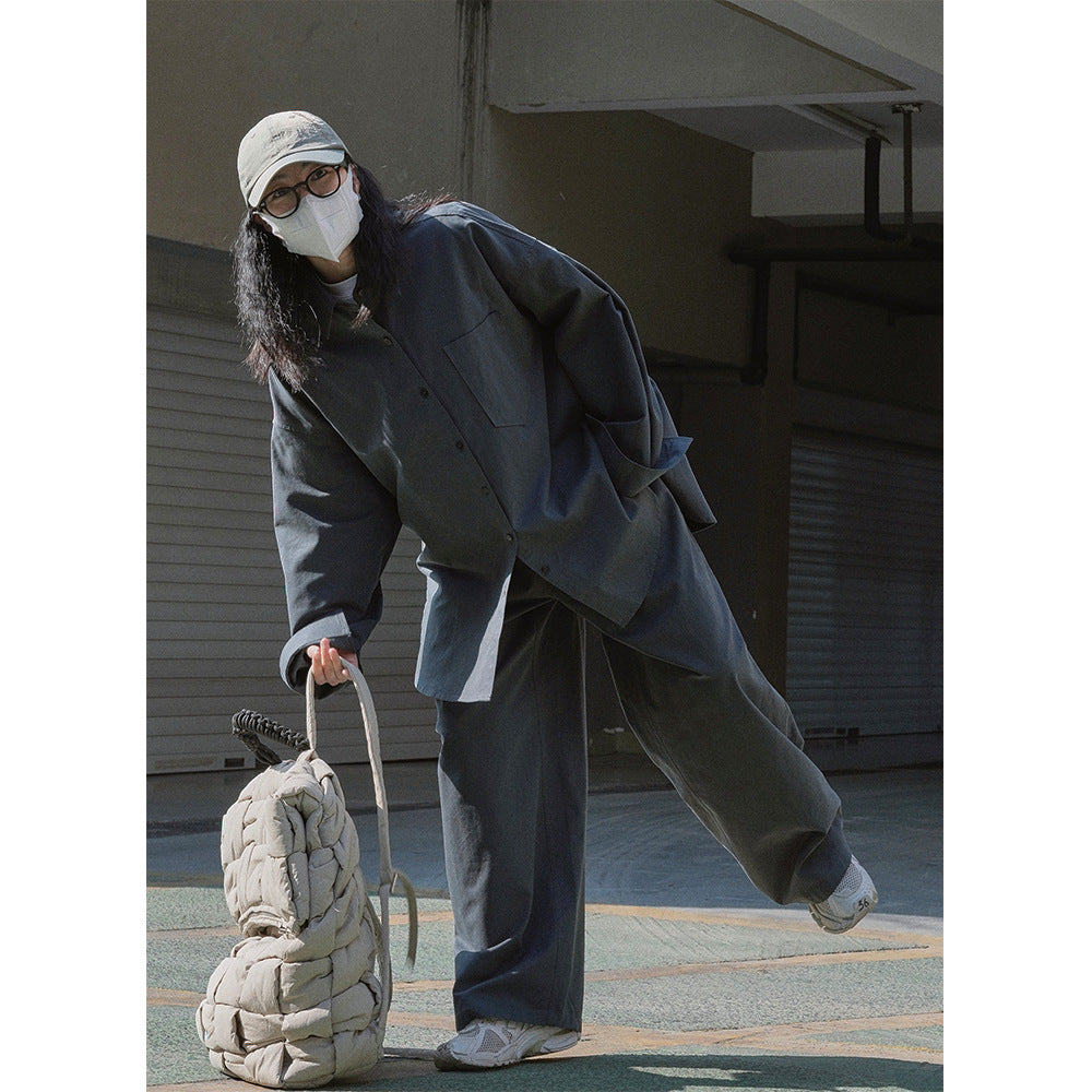 Women Oversize Shirt Jacket with Boxy Silhouette and High-Waist Stretch Waist Pants in Set Chichicherry