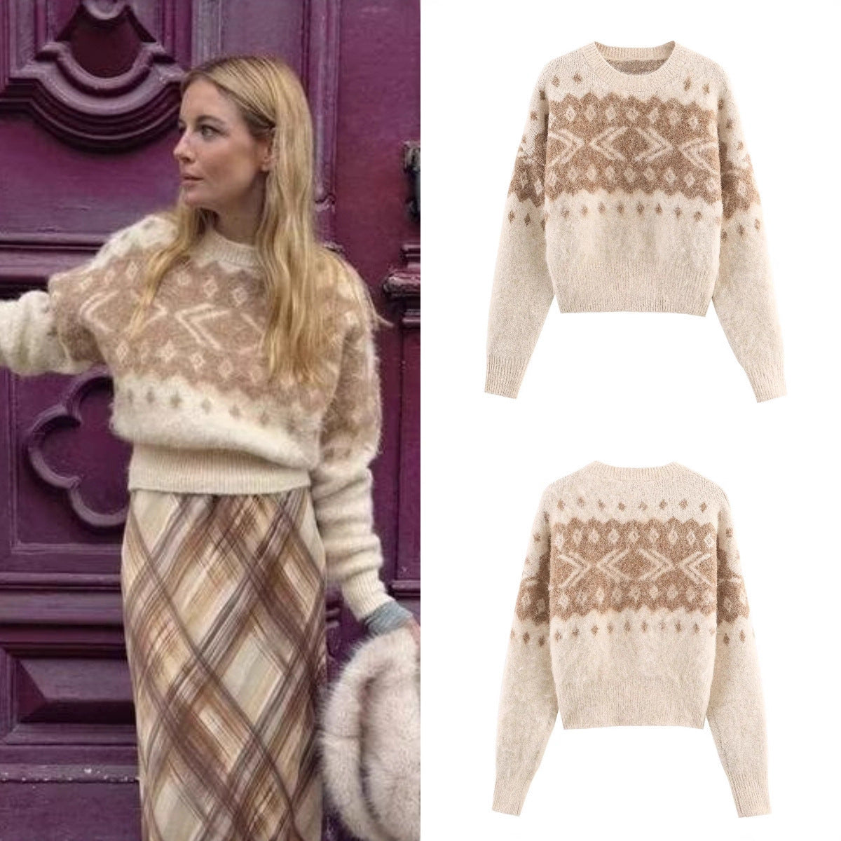 Women's Fluffy Knitted Sweater with Norwegian Pattern and Boxy Fit Chichicherry