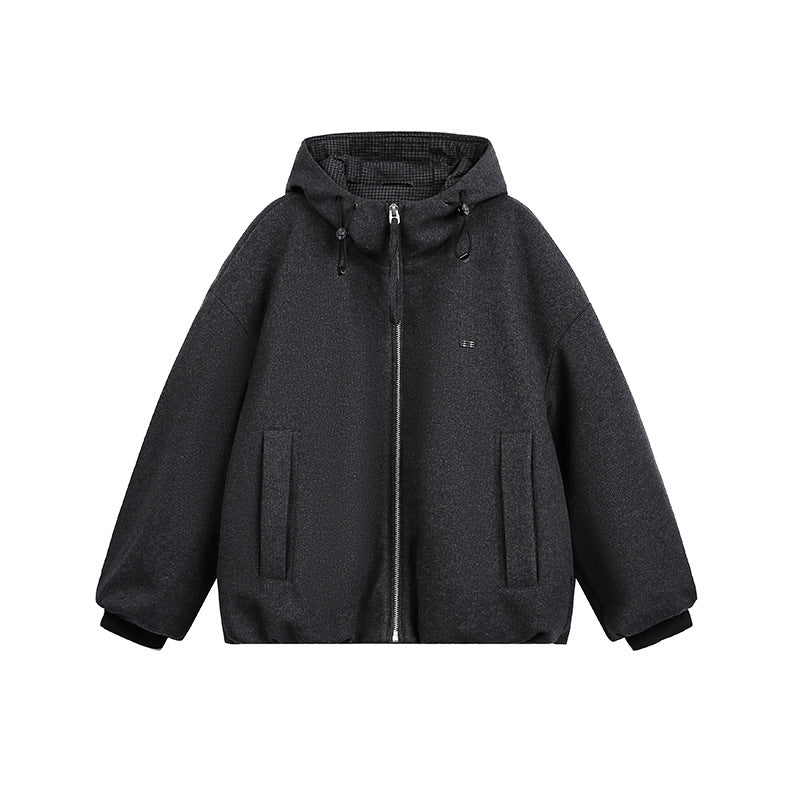 Men's Loose-Fitting Padded Wool Blend Hooded Jacket with Zip and Drawstring Chichicherry