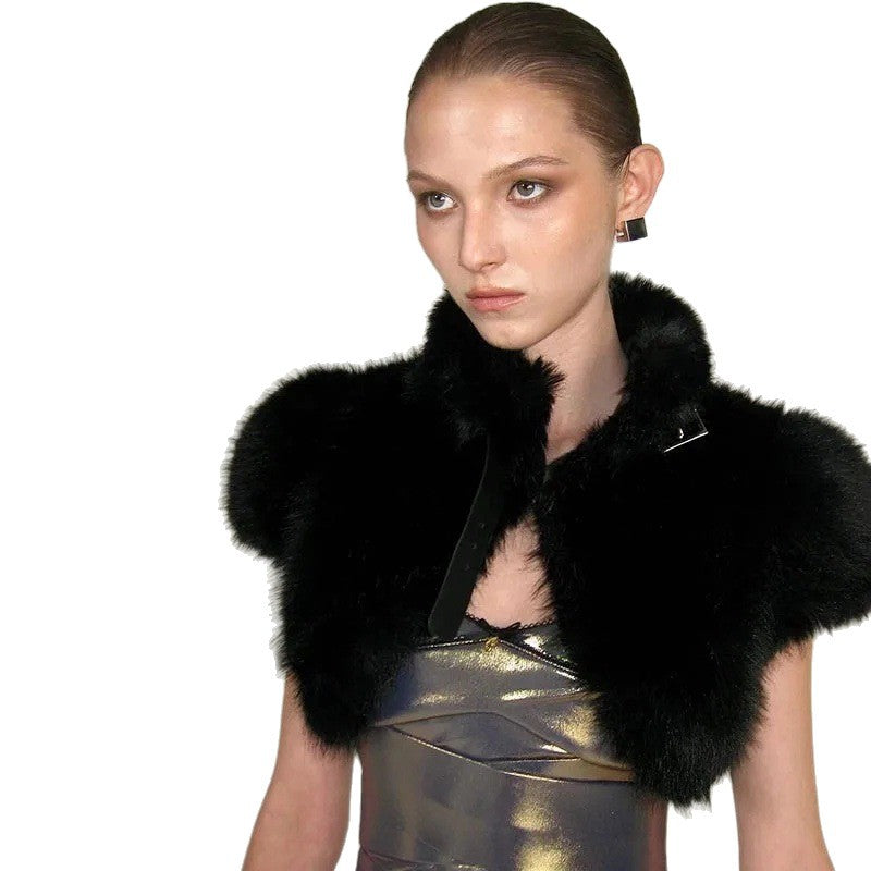 Women's Cropped Faux Fur Bolero with Voluminous Shawl Collar and Puff Sleeves Chichicherry