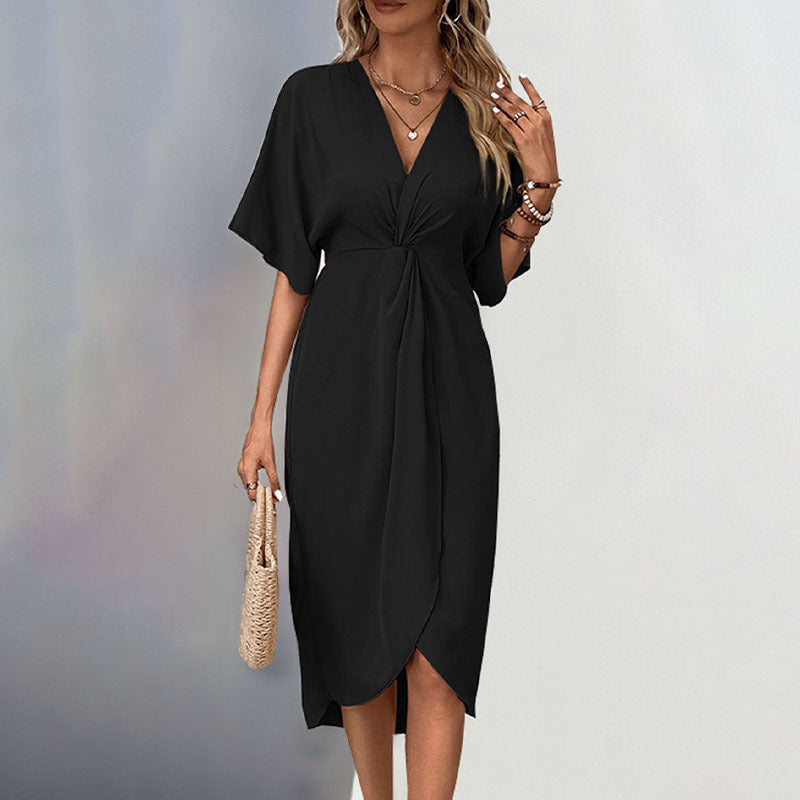 Women’s Wrap Midi Dress with Knot Detail, V-Neck and Dropped Sleeves Chichicherry
