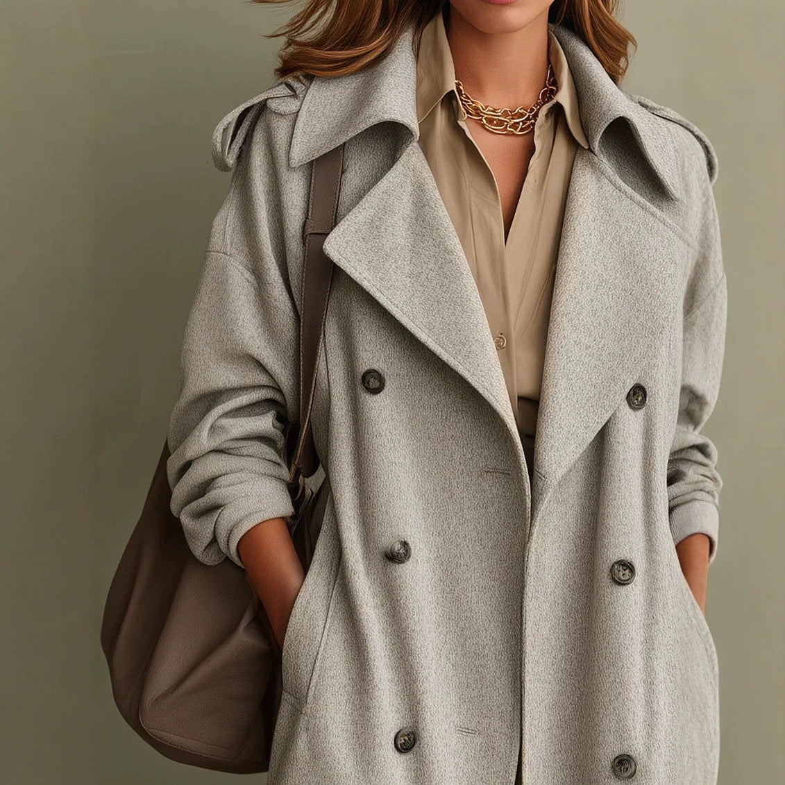 Women's Oversized Double-Breasted Wool Coat with Wide Lapels Chichicherry