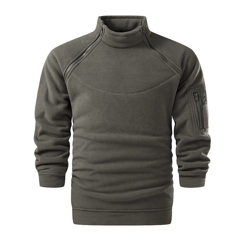 Men's Tactical Microfleece Sweater with High Stand-Up Collar, Sleeve Zip Pocket and Raglan Sleeves Chichicherry