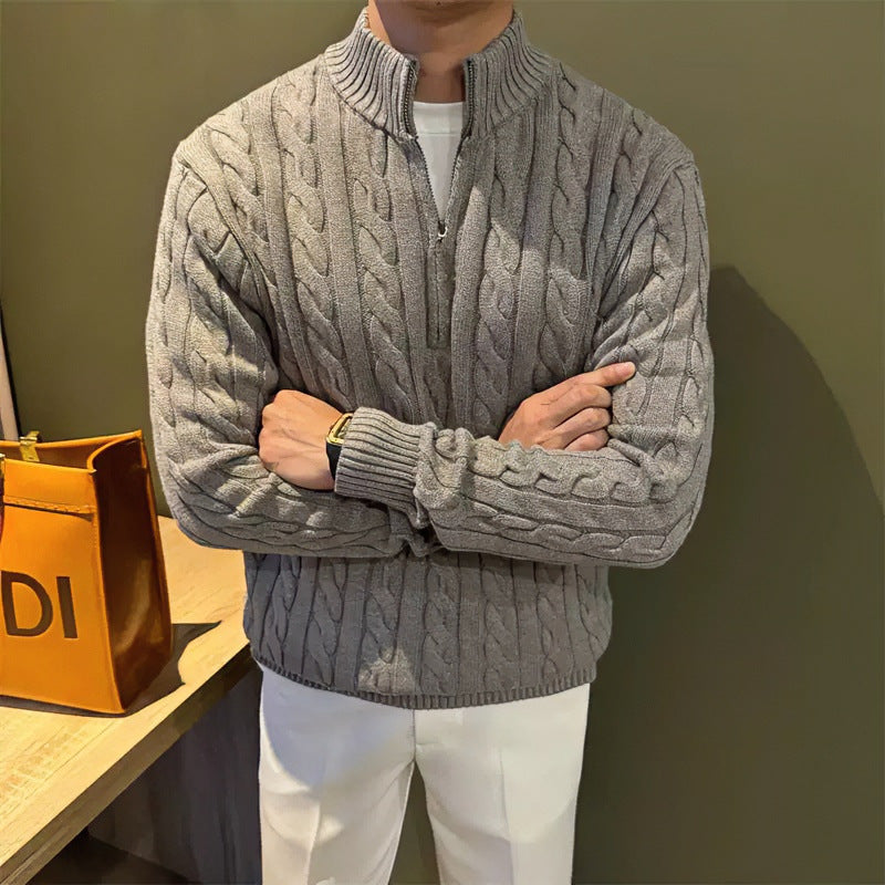 Herren Zopfstrick-Halbzip-Pullover mit Stehkragen Chichicherry