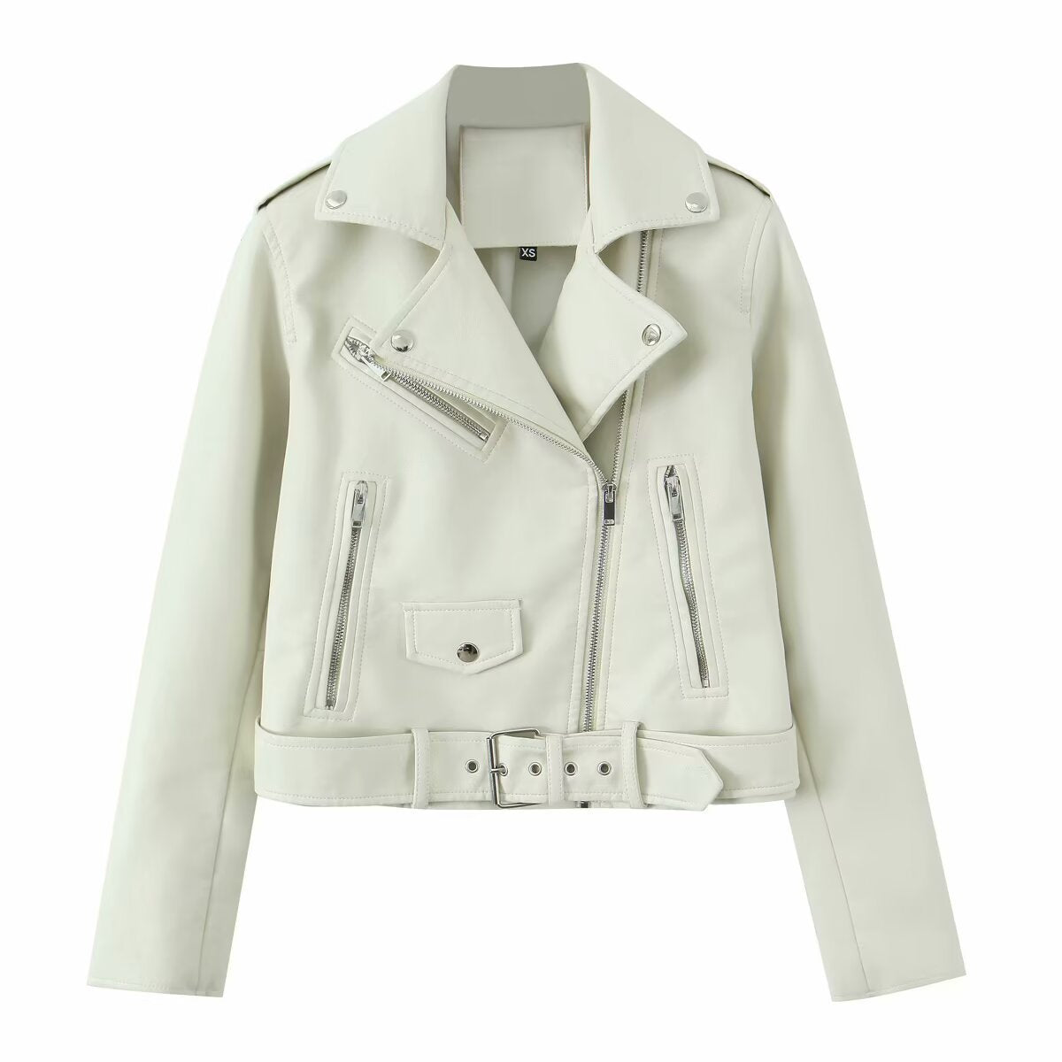 Women's robust fitted biker jacket made of faux leather with asymmetrical zipper and waist belt Chichicherry