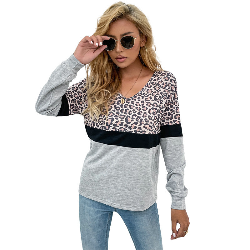 Women's long sleeve shirt with V-neck and leopard print in color block design Chichicherry