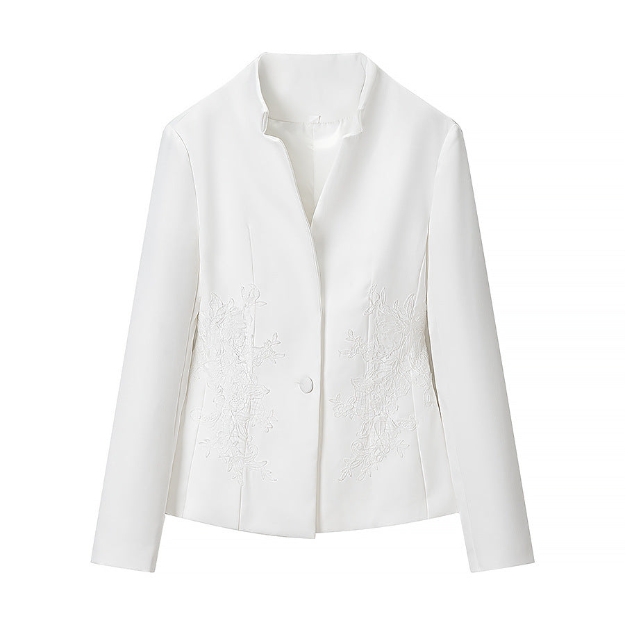 Women Tailored Single-Breasted Blazer with Stand Collar and Deep V-Neck Chichicherry