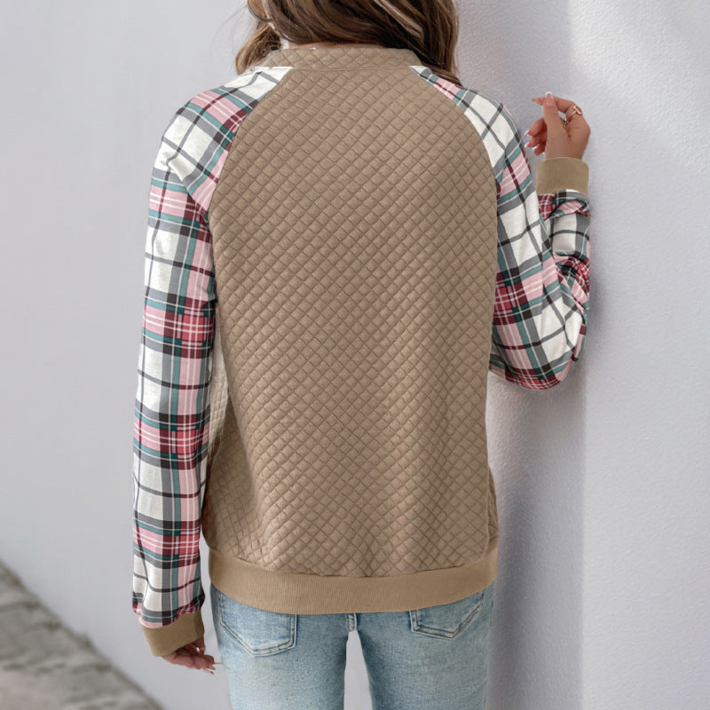 Women’s quilted pullover with half zip and checked raglan sleeves Chichicherry