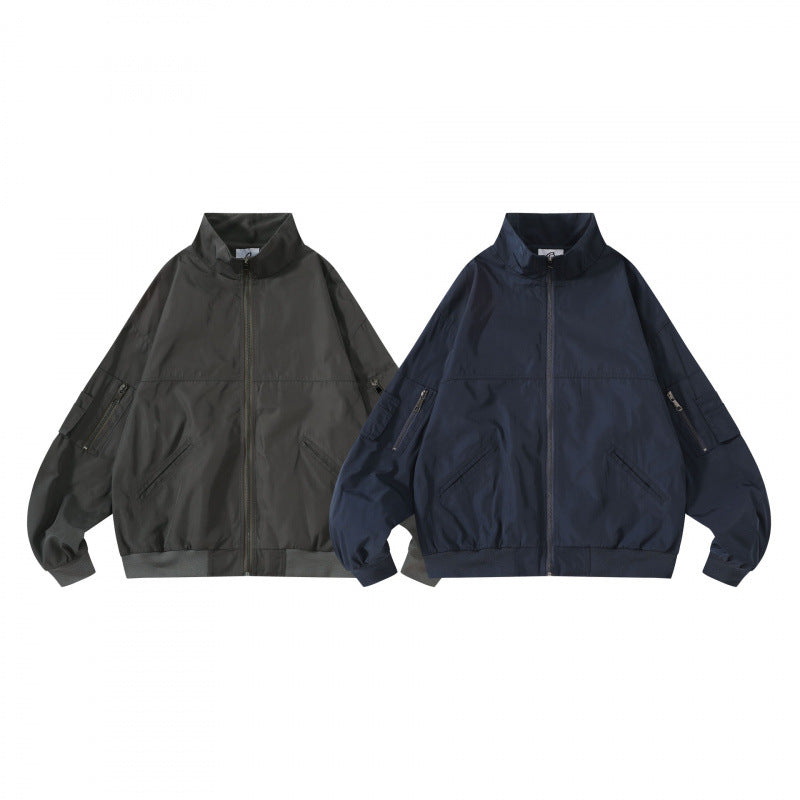 Unisex Kastige Utility Bomber Jacket with Stand Collar, Zipper and Sleeve Pockets Chichicherry