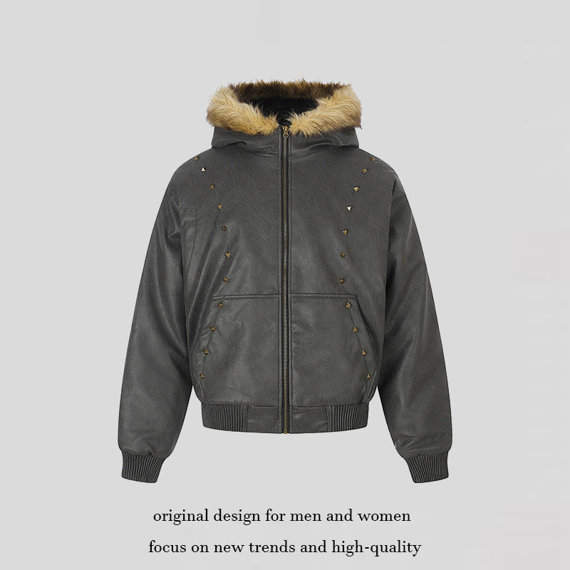 Women's Faux Leather Bomber Jacket with Hood, Faux Fur Trim and Decorative Rivets Chichicherry