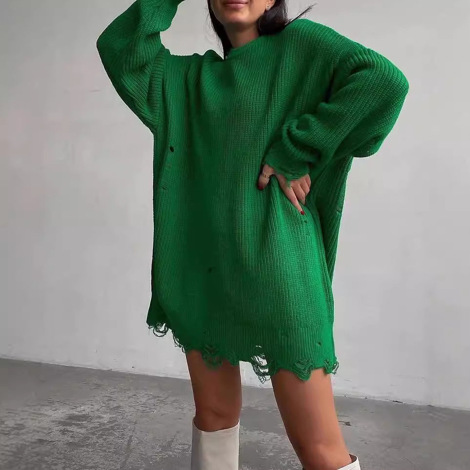 Damen Oversized Strickkleid mit Destroyed-Saum und Ballonärmeln Chichicherry