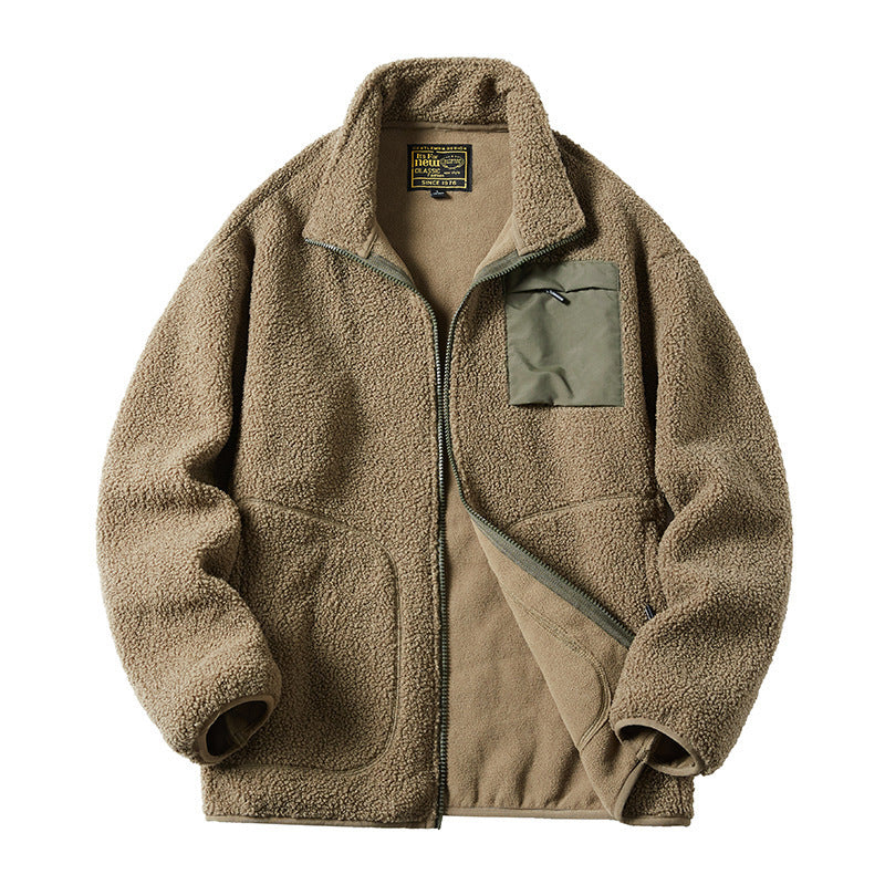 Men's Sherpa fleece jacket in utility style with zipper chest pocket and stand-up collar Chichicherry