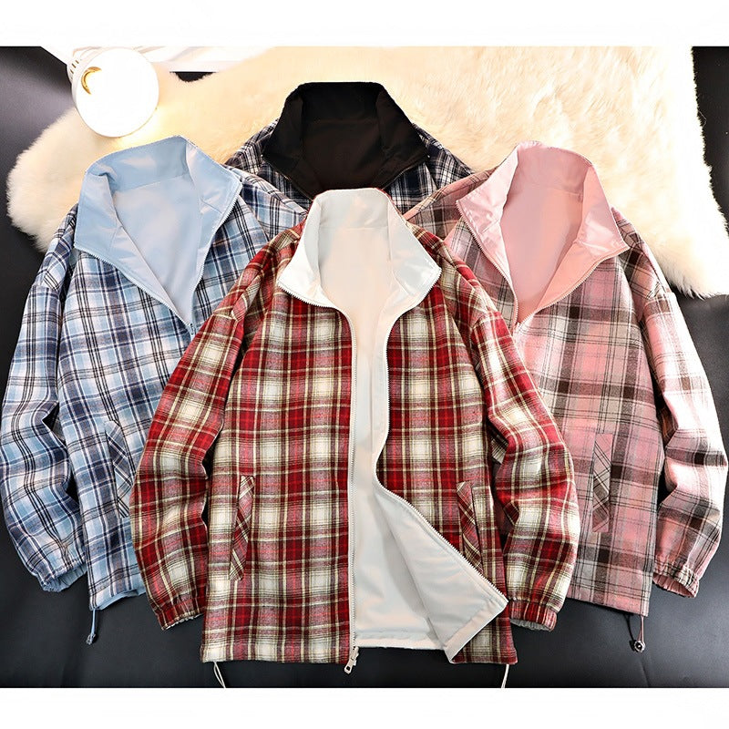 Men's loosely cut transitional jacket with checkered lining and stand-up collar Chichicherry