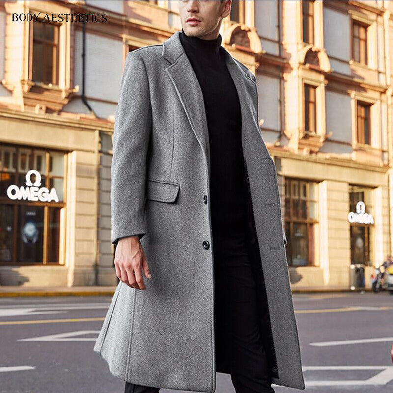 Men's Elegant Single-Breasted City Coat with Notched Collar and Flap Pockets Chichicherry