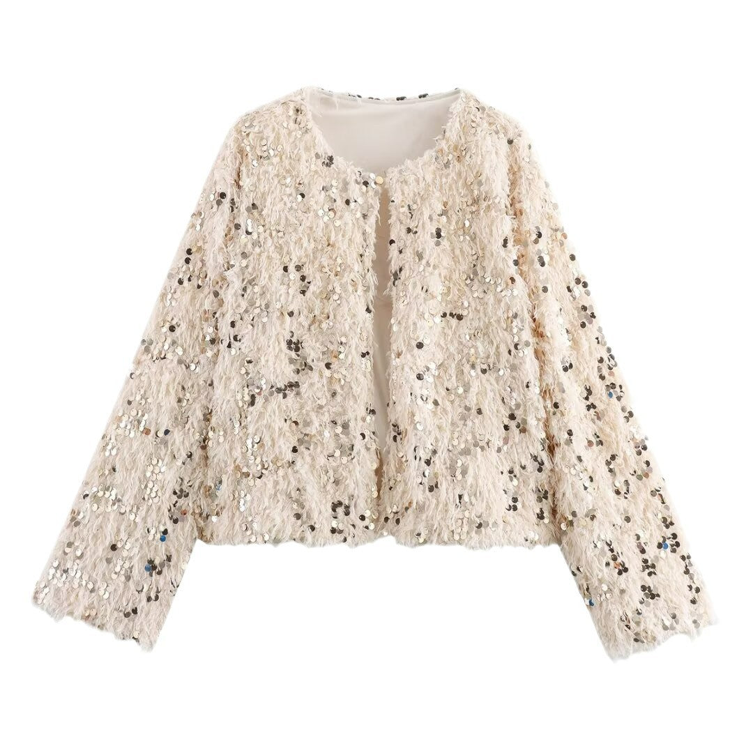 Women's Cropped Jacket made of fluffy Faux Fur with sequin trim Chichicherry