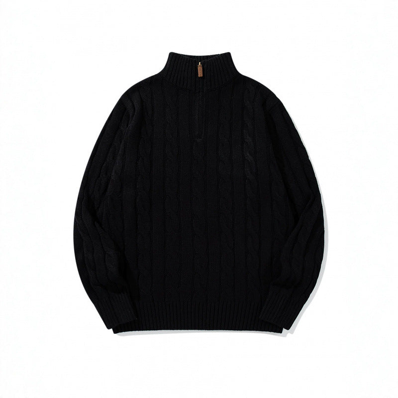 Unisex Coarse Knitted Half-Zip Cable Pattern Sweater with Stand-Up Collar and Ribbed Edges Chichicherry