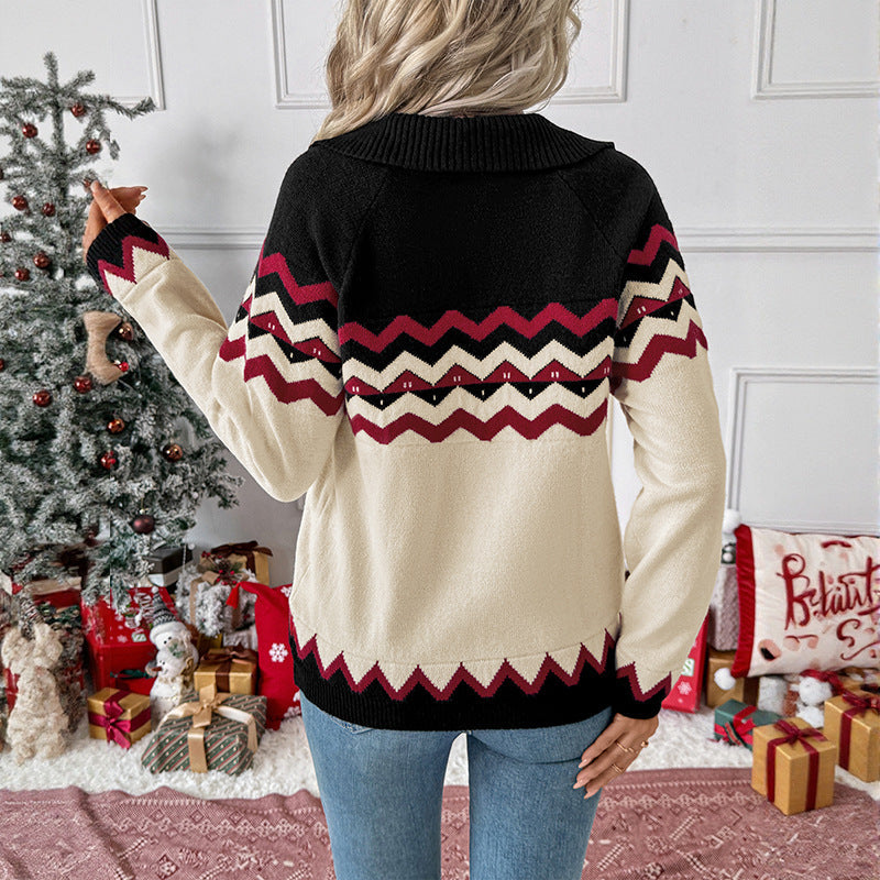 Women's Cozy V-Neck Knit Sweater with Zigzag Jacquard and Hooded Collar Chichicherry