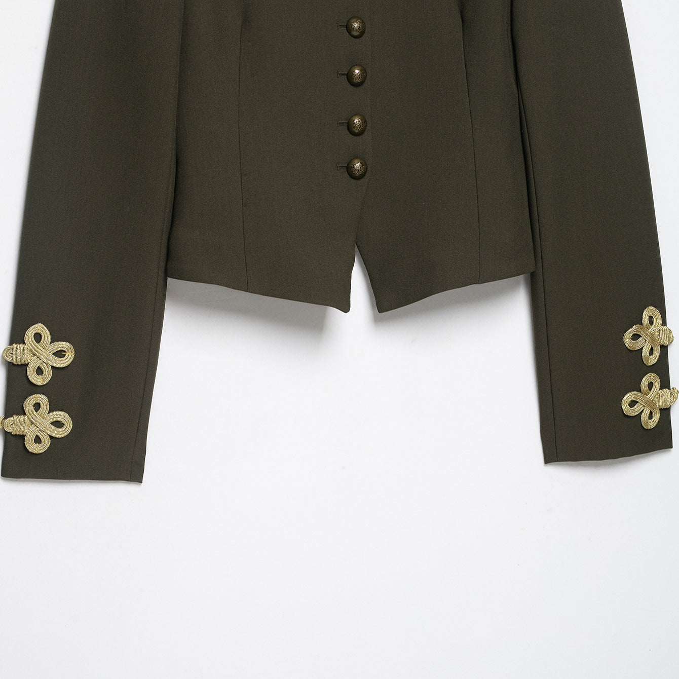 Women's Cropped Military Jacket with Stand-up Collar, Gold Shoulder Cord and Decorative Button Placket Chichicherry