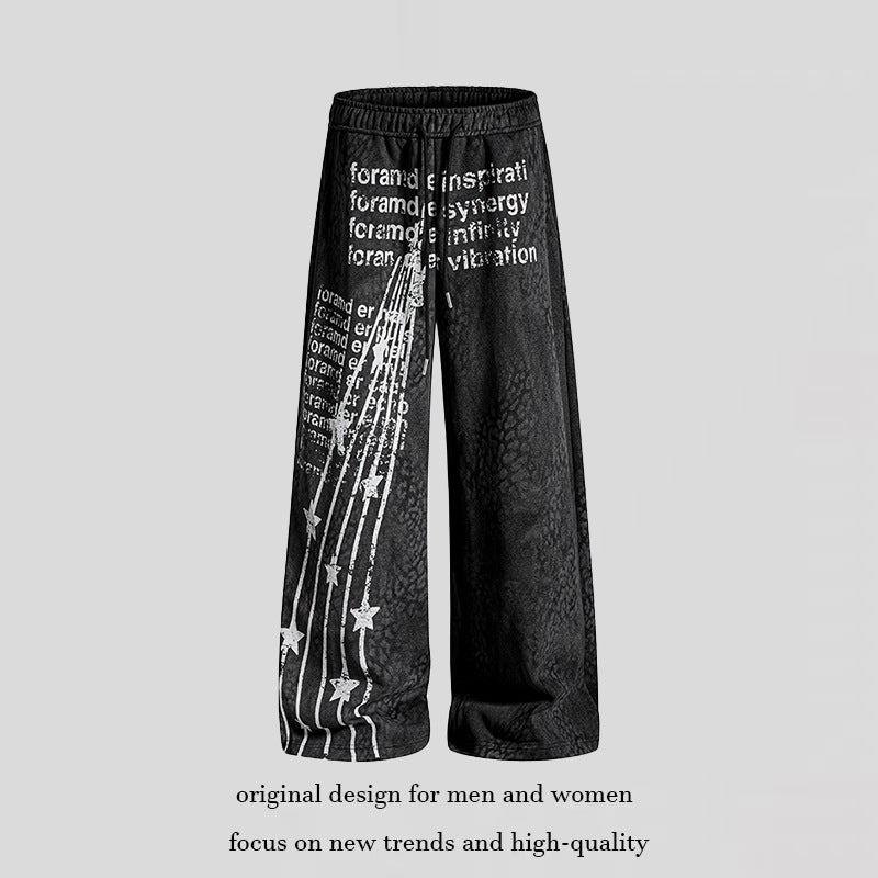 Women's Wide Palazzo Jogging Pants with Drawstring Waist, Statement Print and Vintage Wash Chichicherry