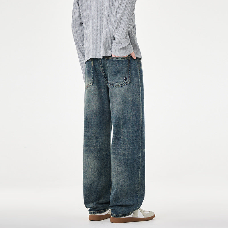 Men's wide denim jeans with straight cut and vintage wash Chichicherry