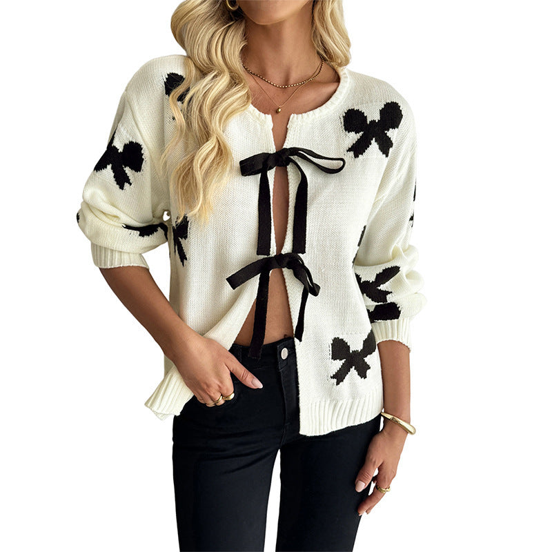 Women's knit cardigan with bow appliqué and tie bands Chichicherry
