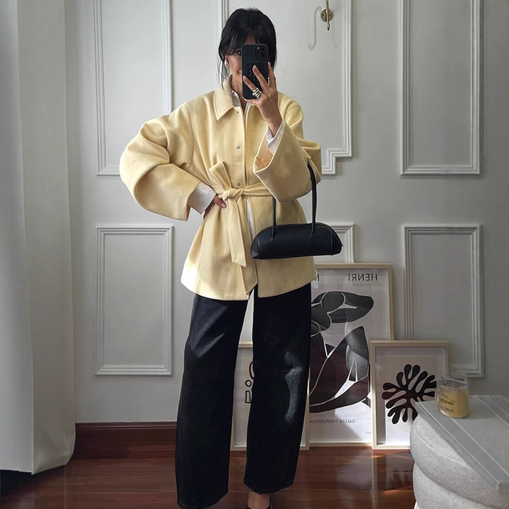 Women's short coat with tie belt, boxy oversized silhouette and wide sleeves Chichicherry