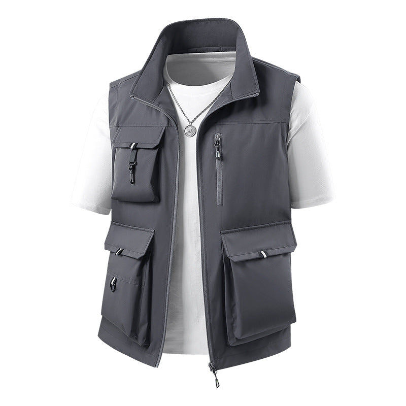 Men's multifunctional outdoor vest with multiple cargo pockets and stand-up collar Chichicherry