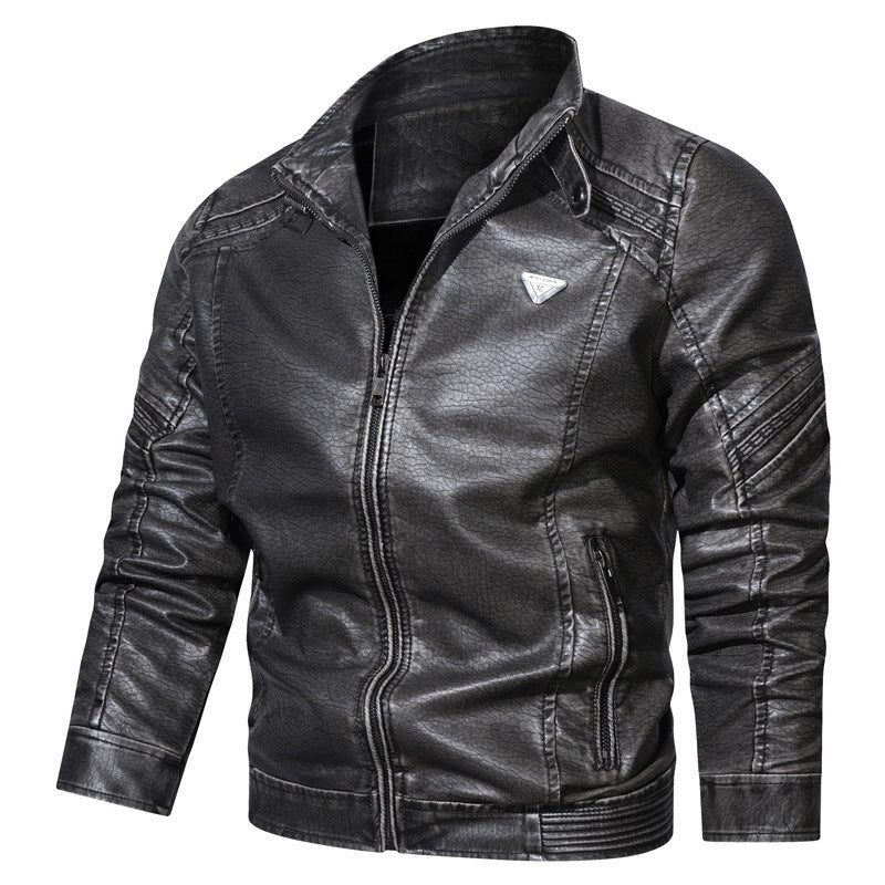 Men's Faux Leather Bomber Jacket in Used Denim Look with Stand Collar and Zipper Pockets Chichicherry