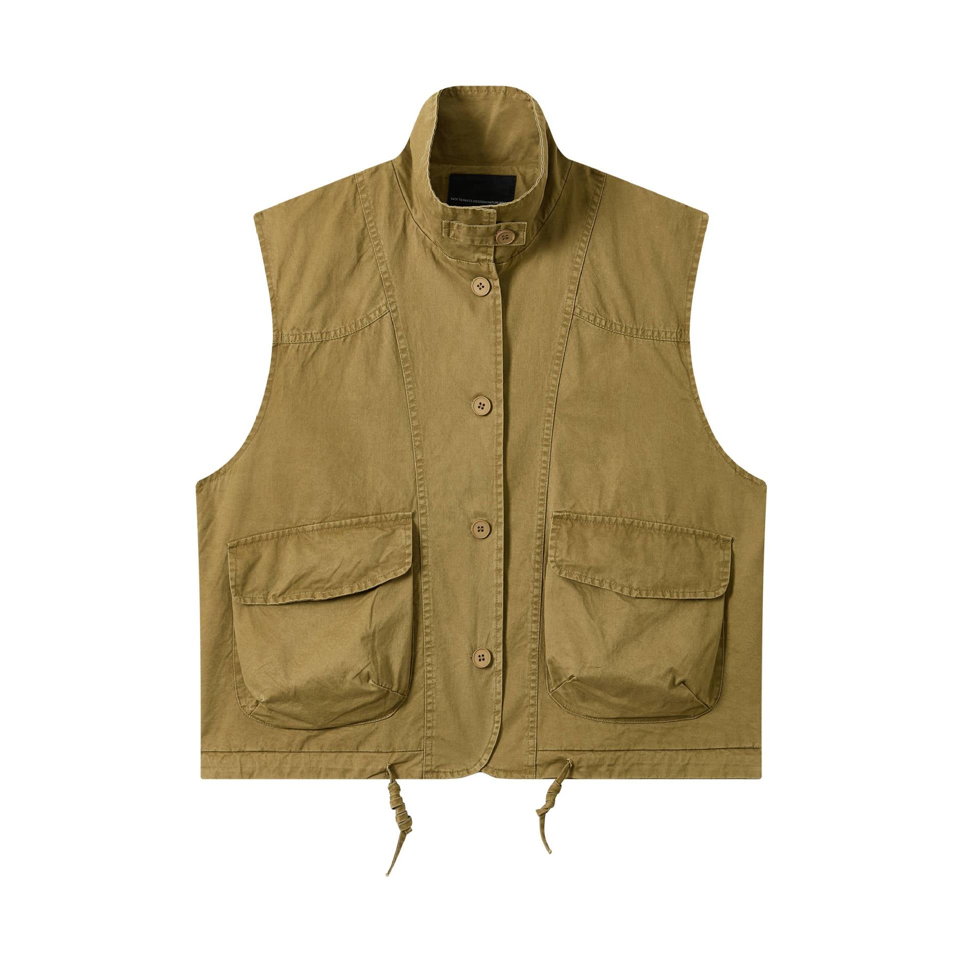 Women's utility vest with stand-up collar, large flap pockets, and drawstring Chichicherry