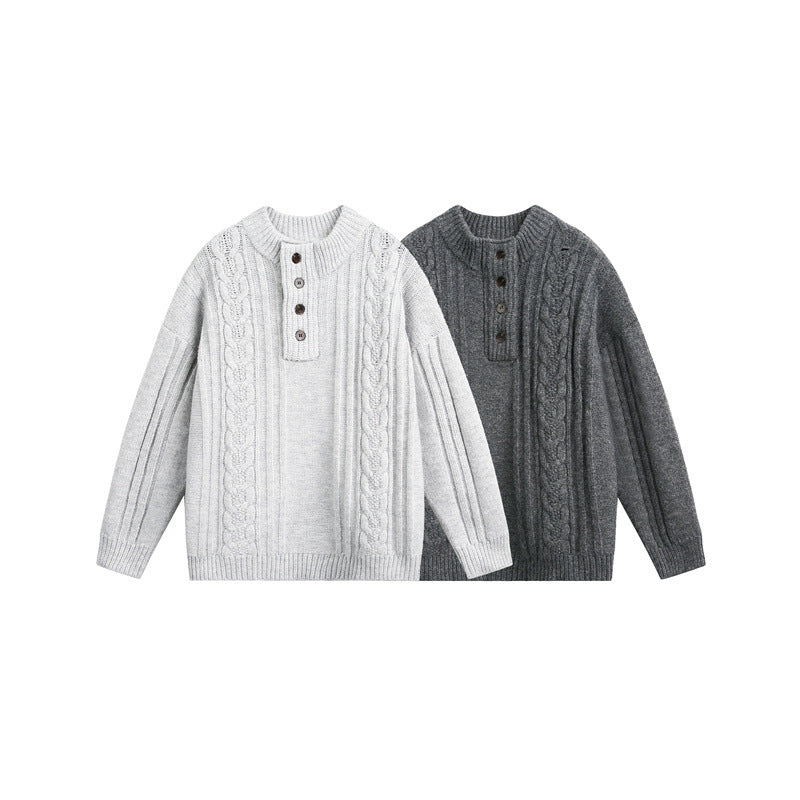 Ladies chunky knitted braid sweater with Henley button placket and stand-up collar Chichicherry