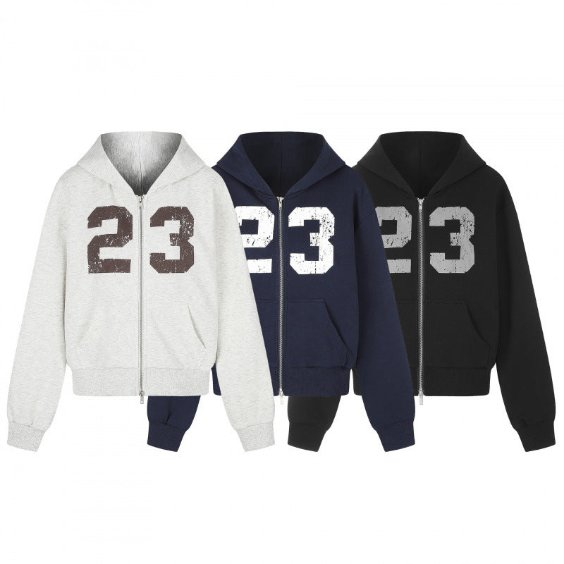 Unisex Lightweight Hooded Zip Jacket with Vintage Numbers Print and Kangaroo Pockets Chichicherry