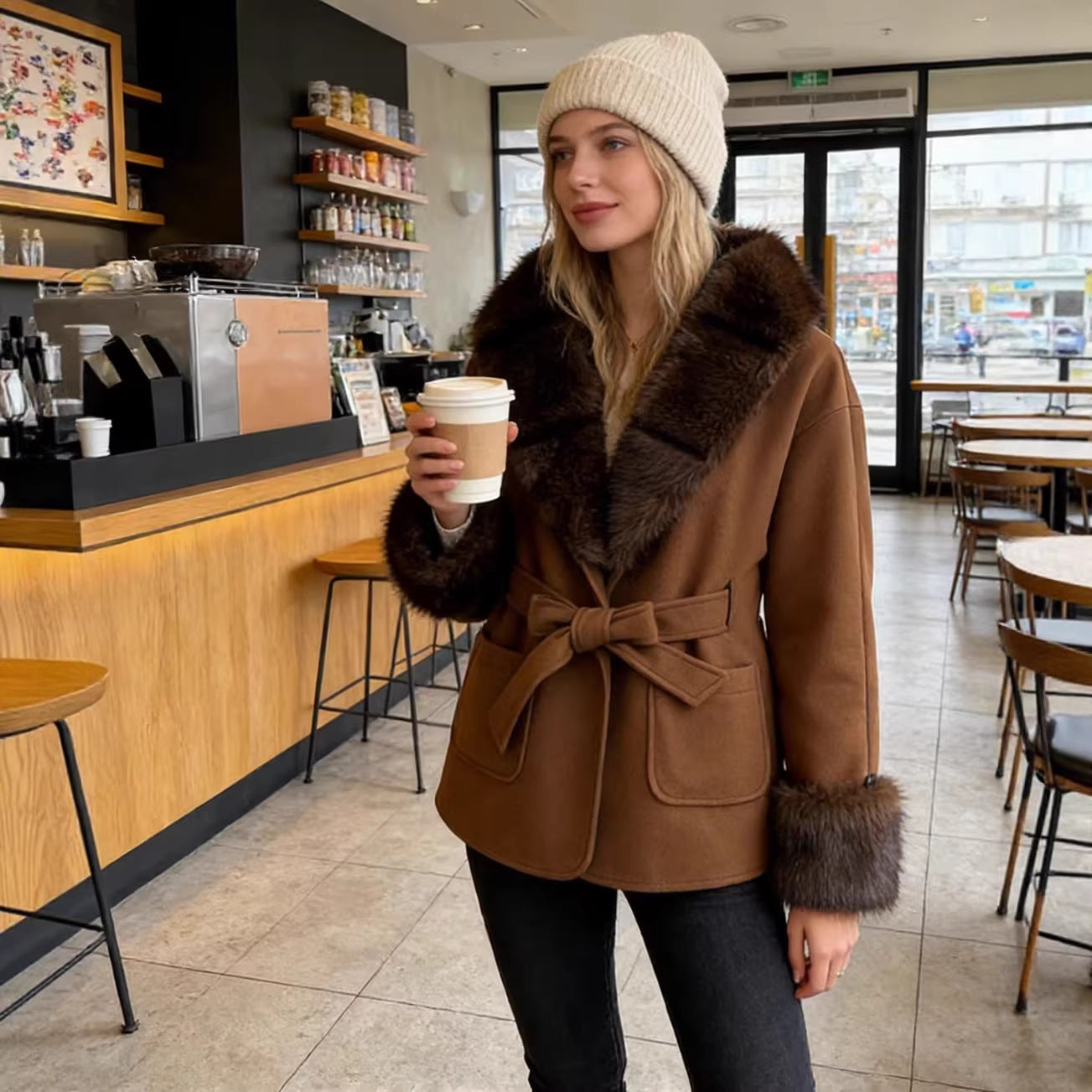 Women's Short Wool Blend Coat with Faux Fur Collar, Waist Belt and Patch Pockets Chichicherry