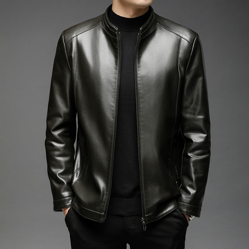 Men's Minimalistic Leather Look Transitional Jacket with Stand Collar and Two-Way Zipper Chichicherry