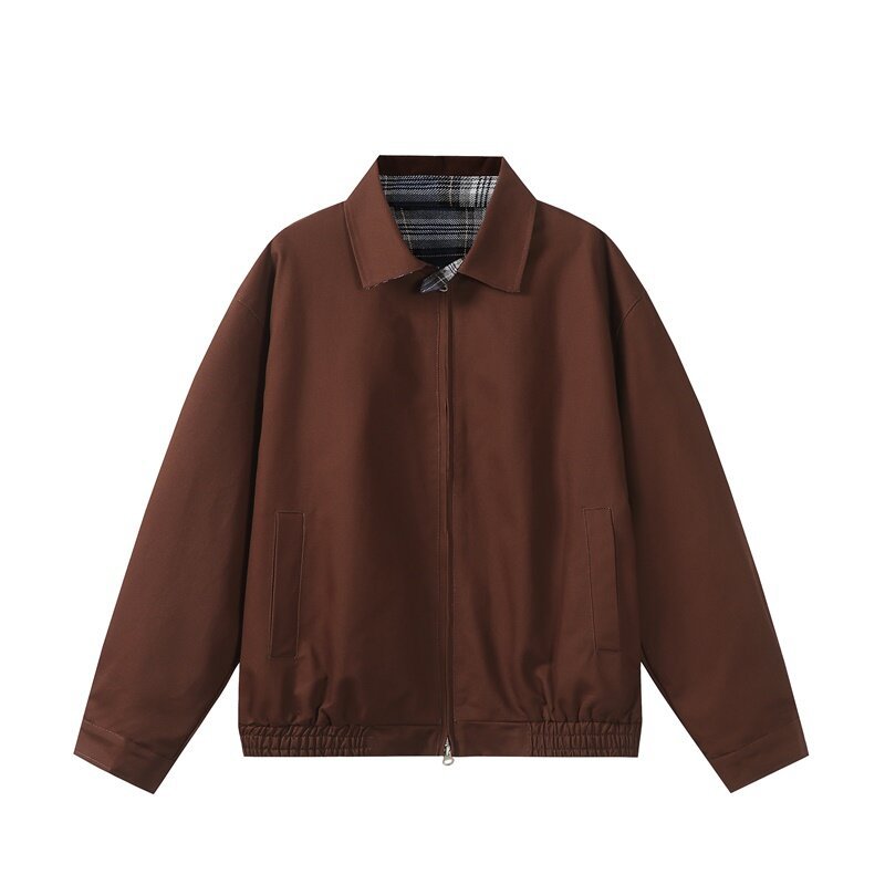 Unisex Short-Cut Boxy Blouson Jacket with Checked Stand Collar, Elastic Hem, and Two-Way Zipper Chichicherry