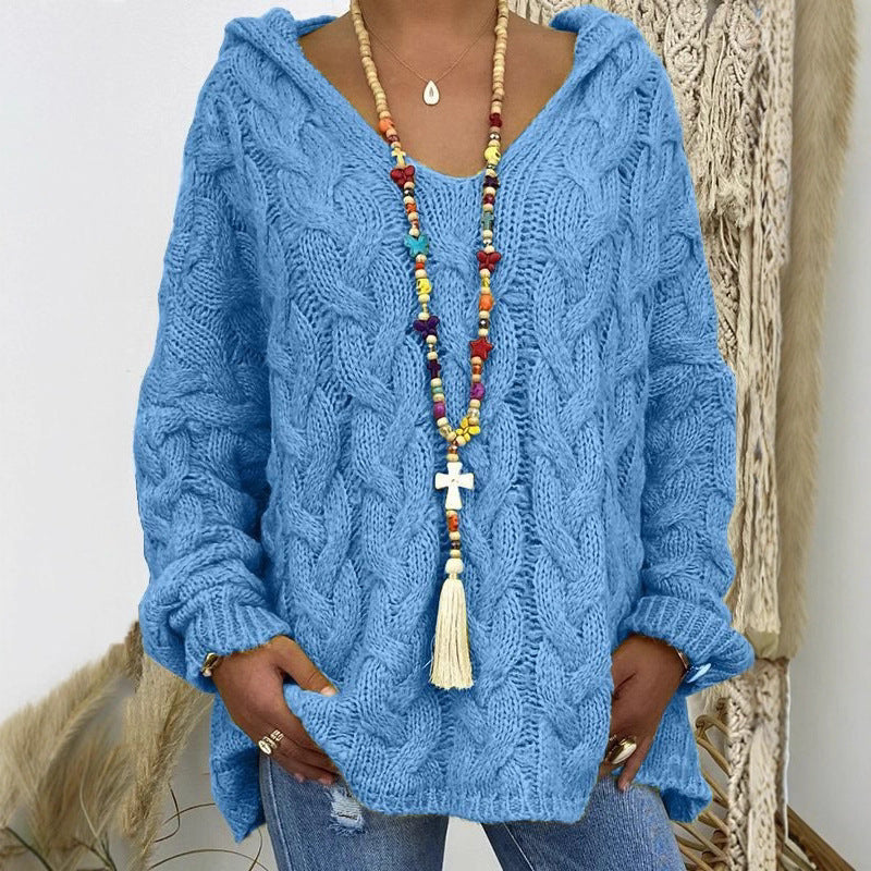 Women Oversized Cable Knit Sweater with Hood and Casual V-Neck Chichicherry