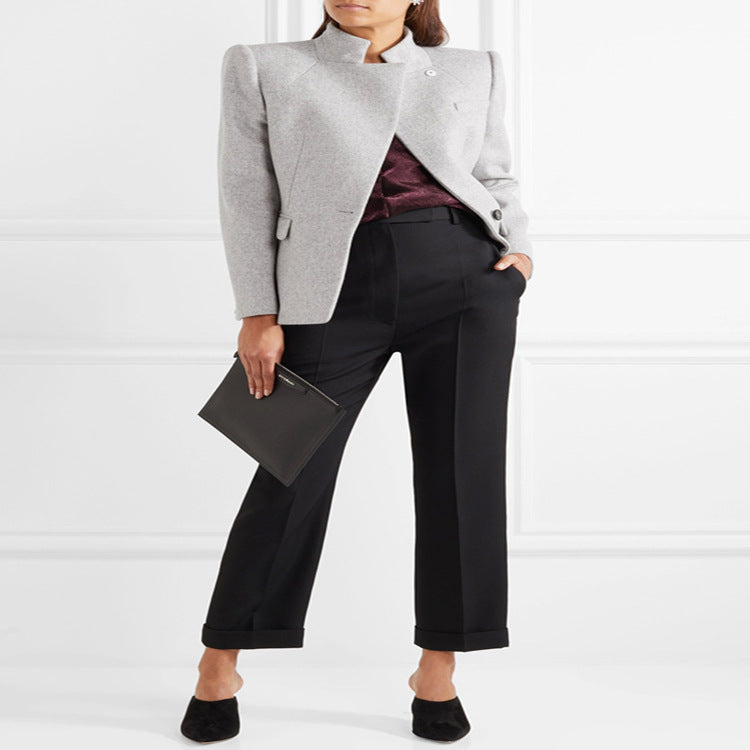 Women Tailored Wool Blend Blazer with Stand Collar, Structured Shoulder and Flap Pockets Chichicherry