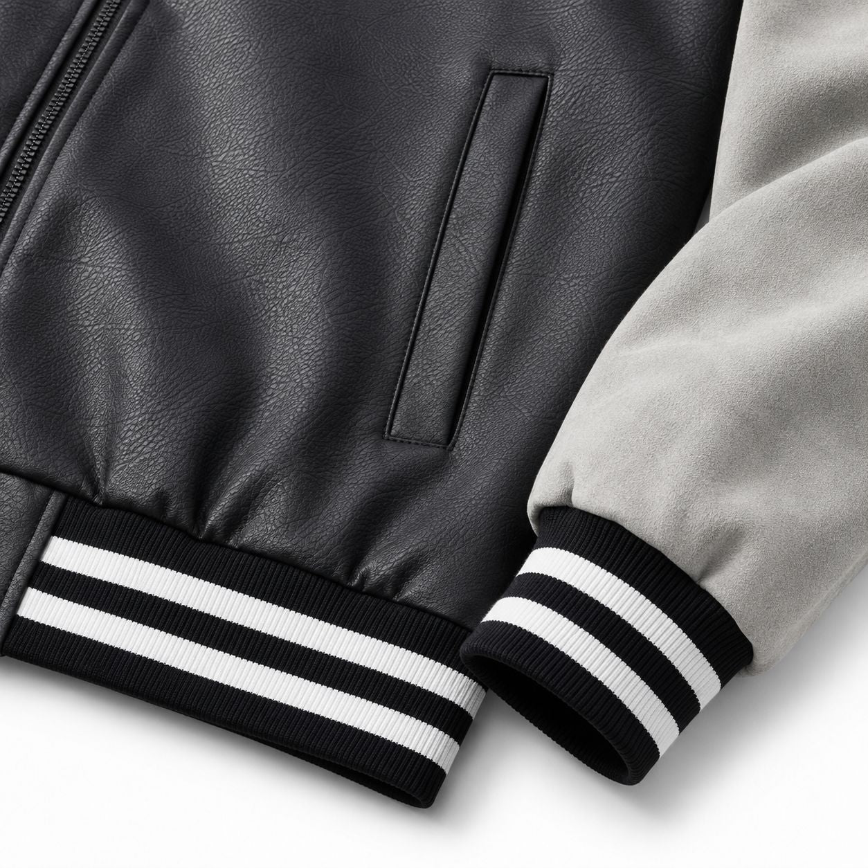Men's Retro Letterman Bomber with Smooth Faux Leather Body and Velvet Sleeve Detail Chichicherry