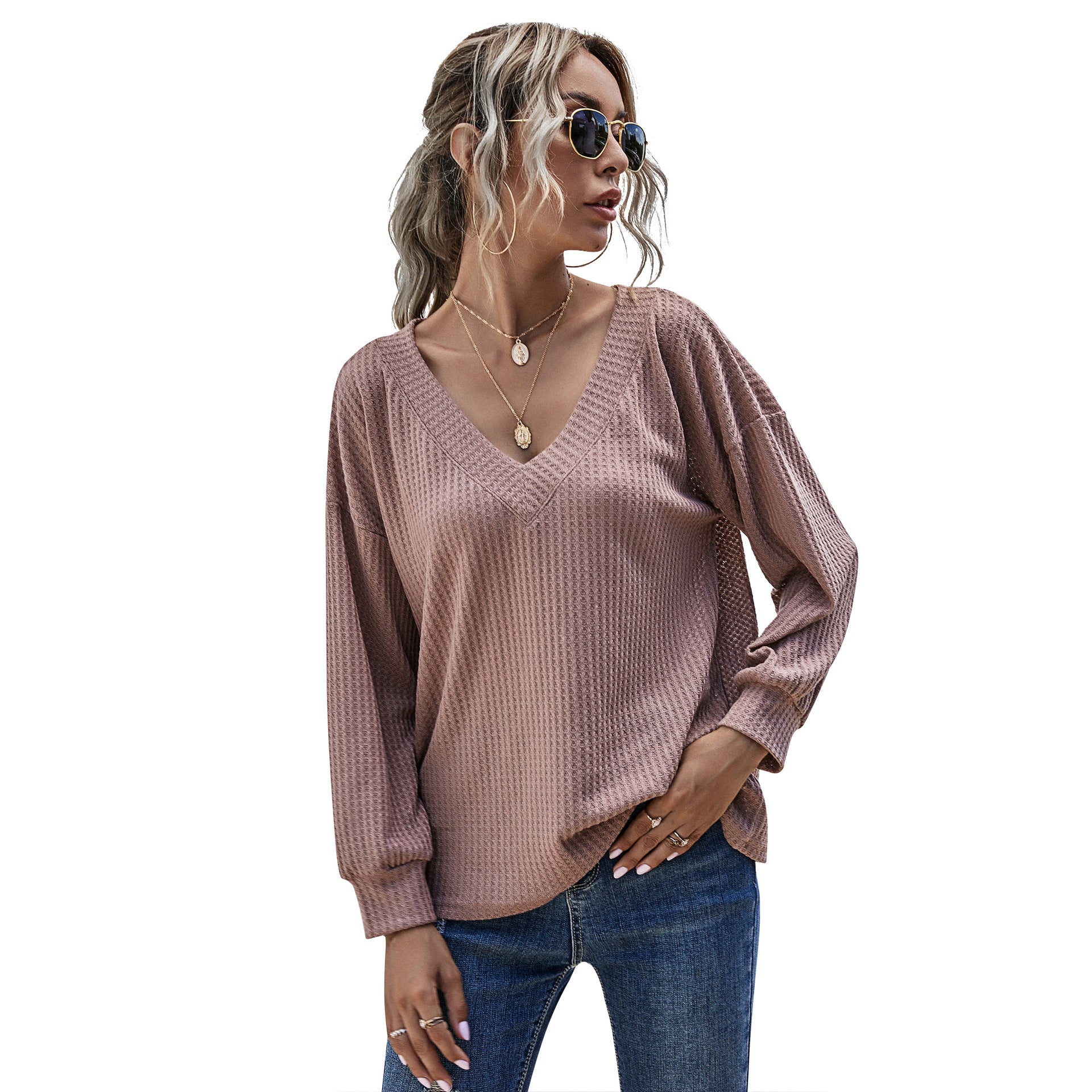 Women Loose Waffle Knit Long Sleeve with V-Neck and Ribbed Cuffs Chichicherry