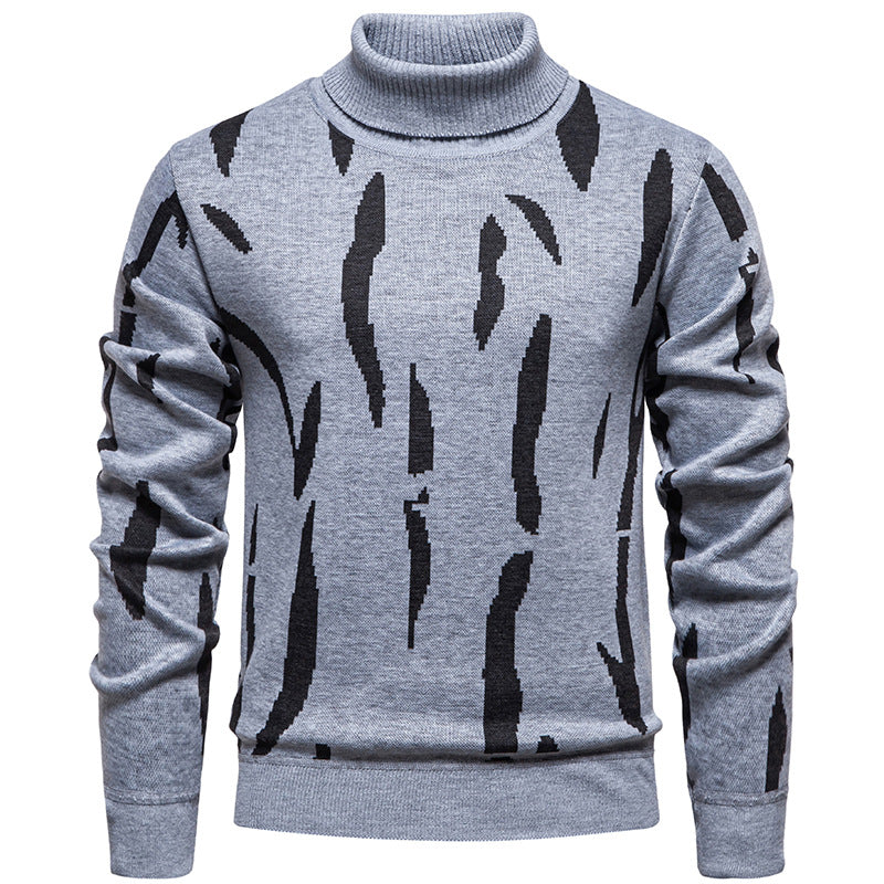 Men's Structured Turtleneck Sweater with Abstract Jacquard Pattern and Ribbed Trims Chichicherry