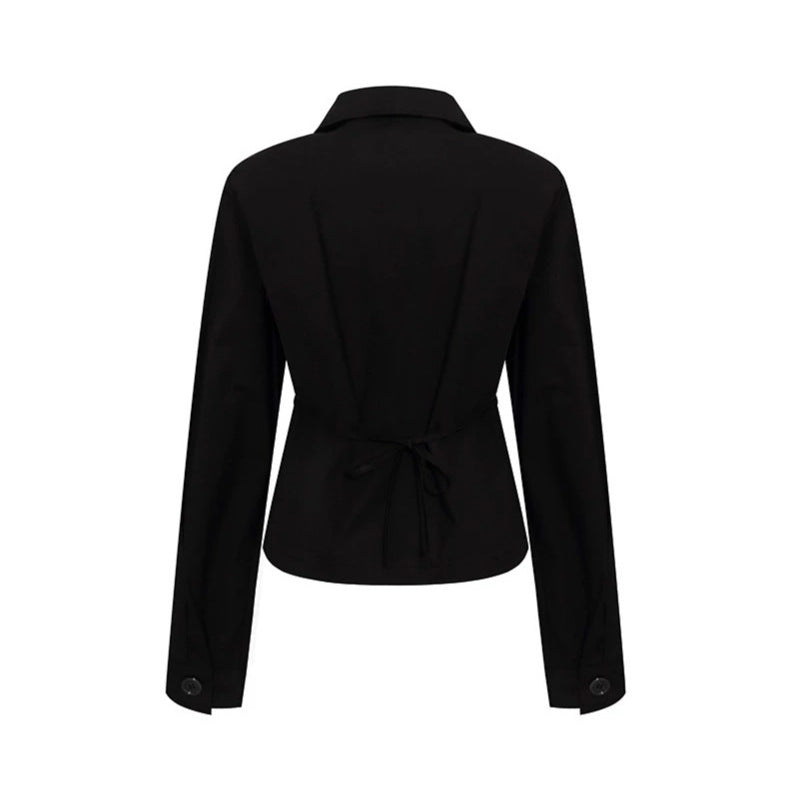 Women Tailored Lightweight Cotton Blouse Jacket with Round Collar and Double Button Row Chichicherry