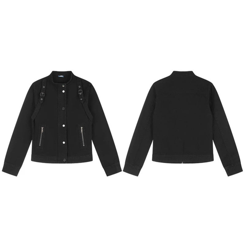 Women's Short Utility Jacket with Stand-Up Collar, Adjustable Shoulder Straps and Snap Closure Chichicherry