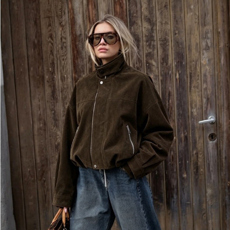 Women's Boxy Suede Bomber Jacket with High Stand Collar and Elastic Hem Chichicherry